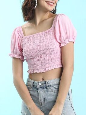 Off Shoulder Coquette Milkmaid Top Blouse Pink Cottagecore Bubble Sleeve Size XS